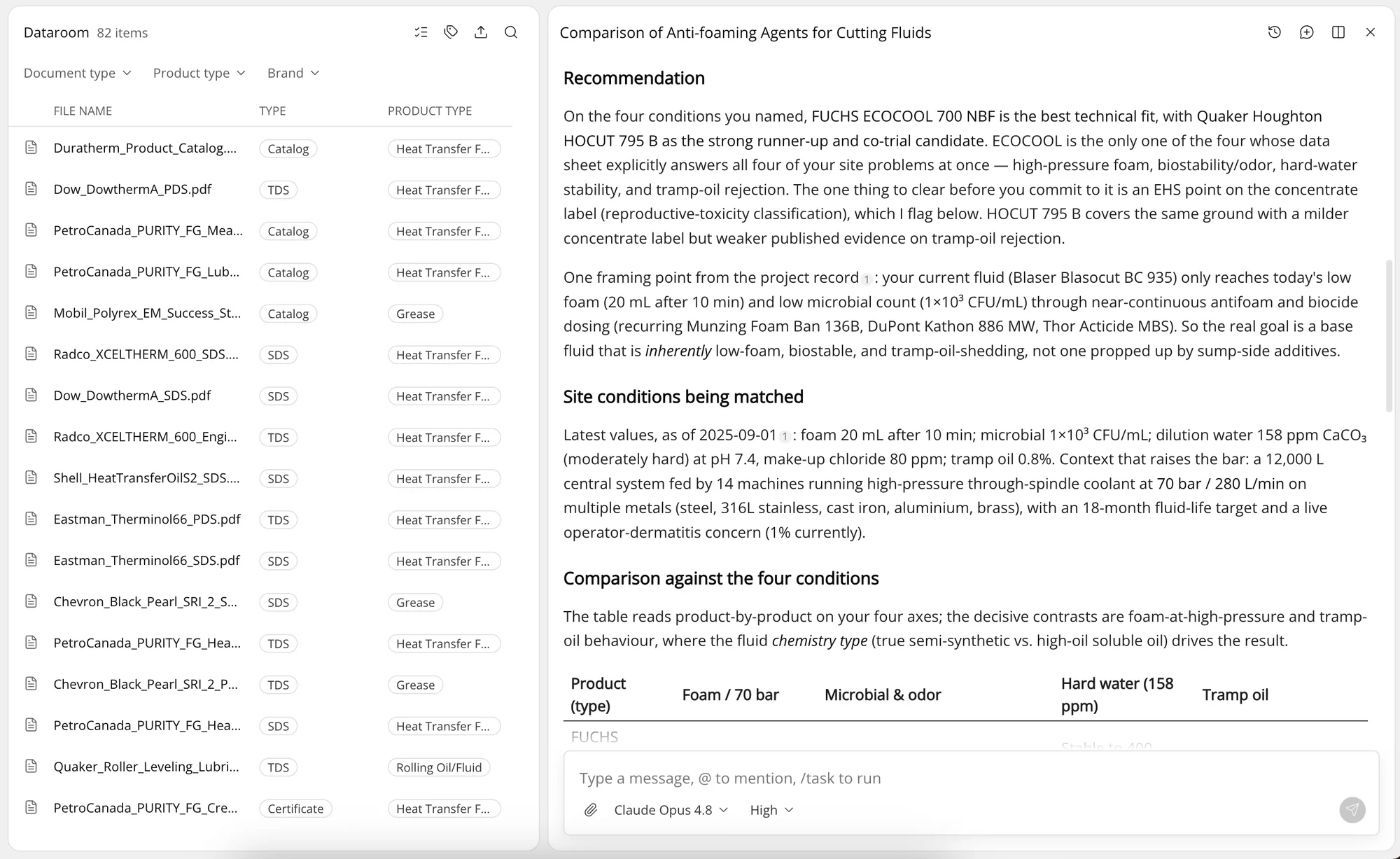 The Dataroom with 82 documents from many manufacturers, beside an agent recommendation that cites them.