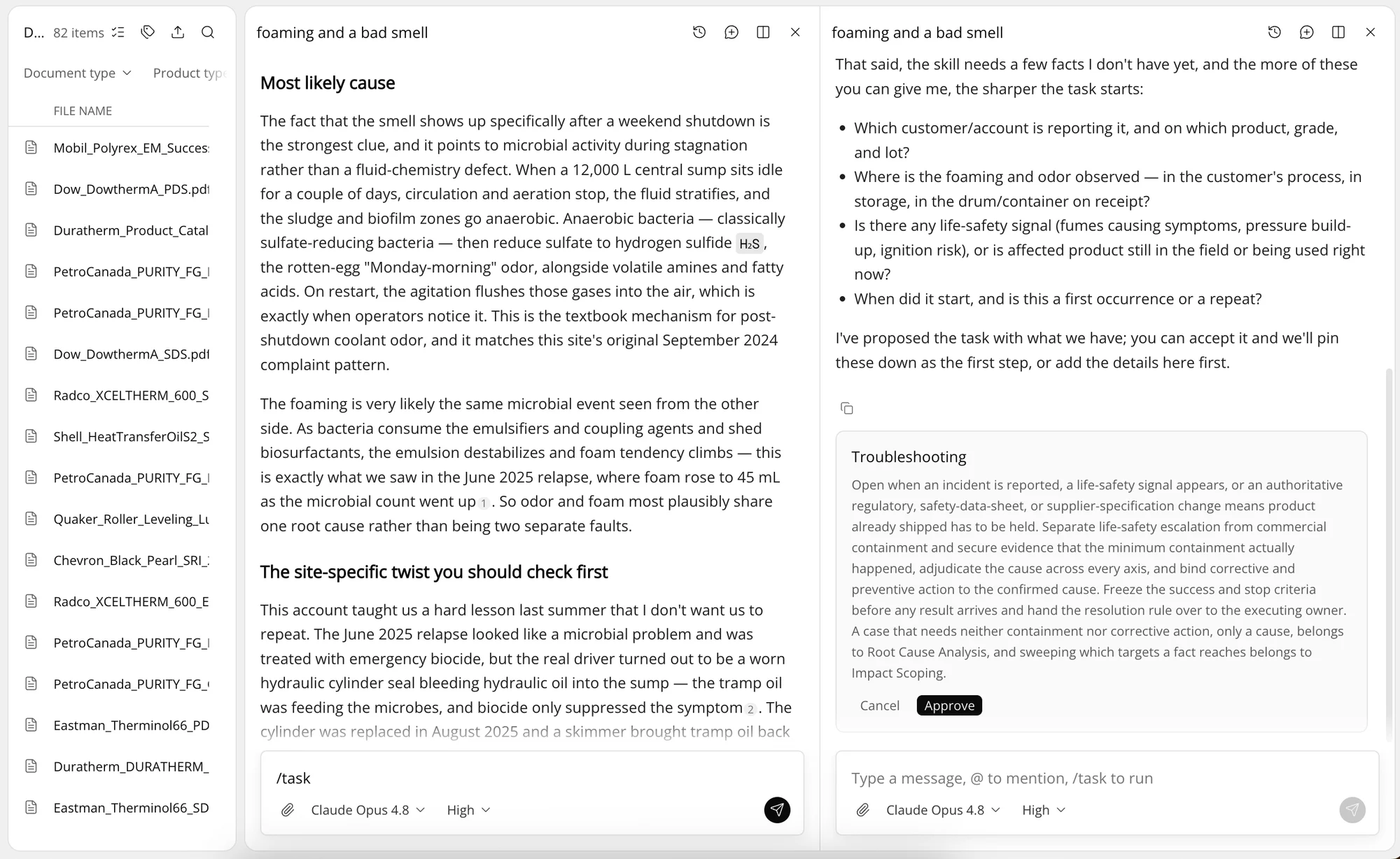 An agent answering from the site history, and proposing the Troubleshooting skill for approval.