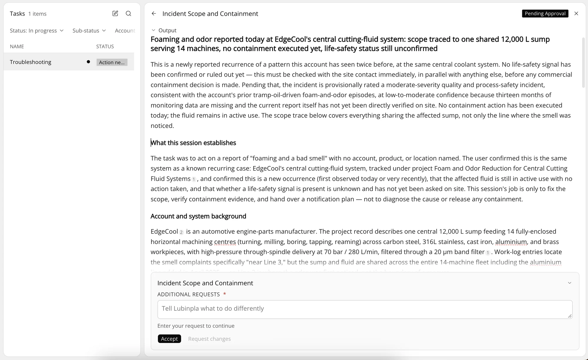 A troubleshooting step scoped from the site history, pending the engineer's approval.